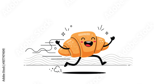 A cute and happy cartoon croissant character is depicted running swiftly with a wide smile and outstretched limbs, leaving a dust trail and speed lines on a clean white background.
