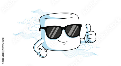 A cool cartoon marshmallow character, wearing black sunglasses and giving a positive thumbs-up gesture, with subtle blue wavy patterns on a white background.