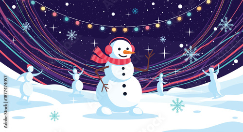 A festive winter night scene with a happy snowman in earmuffs and scarf, dancing among snow figures under a starry sky, adorned with colorful lights and falling snowflakes.