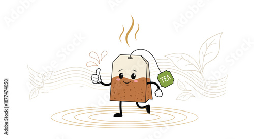 A cheerful cartoon tea bag character walks with a thumbs-up, steam rising, and a \.
