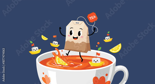 A cheerful cartoon teabag character joyfully splashes into a vibrant teacup filled with hot tea, surrounded by playful sugar cube boats and fresh lemon slices.