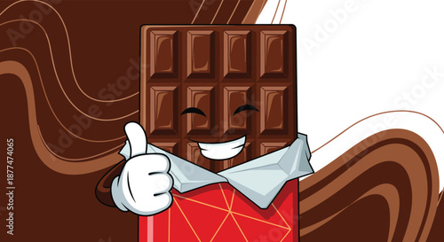 A cheerful cartoon chocolate bar character, partially unwrapped, smiles and gives a thumbs-up gesture, conveying delicious approval and success against a dynamic brown and white background.