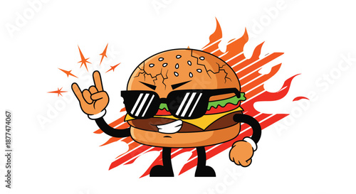 A vibrant cartoon burger character, wearing stylish sunglasses, delivers a bold rock and roll hand gesture, set against dynamic flames, embodying a cool and hot fast-food concept.