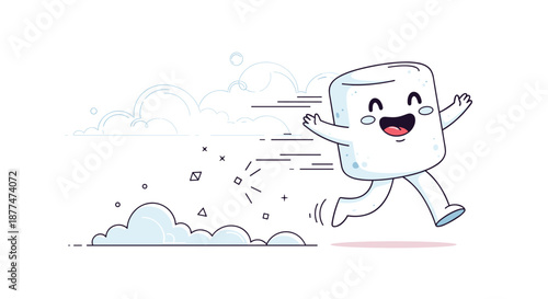 An adorable, happy marshmallow character joyfully runs at high speed, surrounded by whimsical clouds and scattered geometric shapes, exuding pure delight and energy.