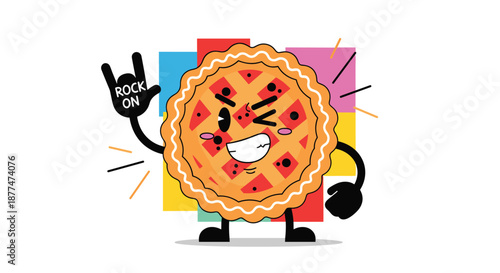A cheerful cartoon pie character with a crusty edge and fruit filling winks, smiles, and makes a 'rock on' hand gesture against a vibrant, geometric background.