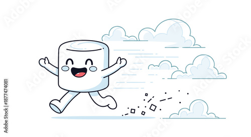 An excited cartoon marshmallow runs happily with a big smile, leaving a trail of sugar particles and surrounded by clouds and speed lines.