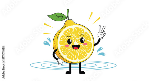 A cheerful and vibrant cartoon lemon character, cut in half to reveal its juicy interior, stands proudly with a peace sign, emanating positive energy and freshness.