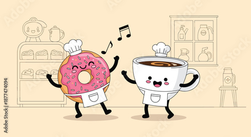 Happy cartoon donut and coffee cup, dressed as bakers, joyfully dance together in a charming bakery setting with outlined details and musical notes.