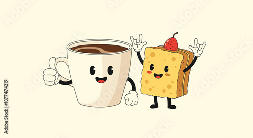 Whimsical illustration of a happy coffee mug giving a thumbs-up gesture beside a fun slice of bread with a strawberry on top, making a rock-and-roll sign.