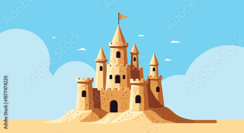 Majestic and large multi-towered sandcastle with a flag built on a sandy beach under a clear blue sky with white clouds.