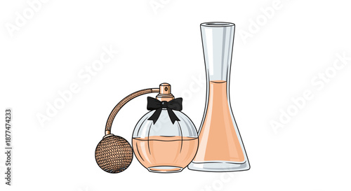 Pair of elegant perfume bottles including one round bottle with a black bow and atomizer and one tall sleek bottle.