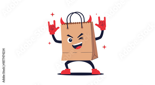 A mischievous cartoon brown paper shopping bag character with devil horns and red gloves makes rock-and-roll hand gestures, winking and smiling playfully.