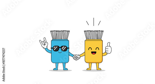 Two friendly cartoon characters, one blue and one yellow, holding hands and expressing positivity, symbolizing friendship, teamwork, and a cool, cheerful attitude.