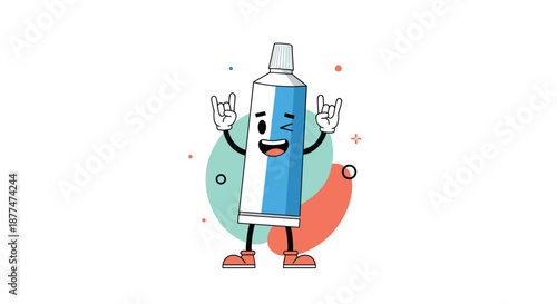 A cheerful and energetic cartoon toothpaste tube character, colored white and blue, playfully strikes a rock and roll pose with a happy, winking expression.