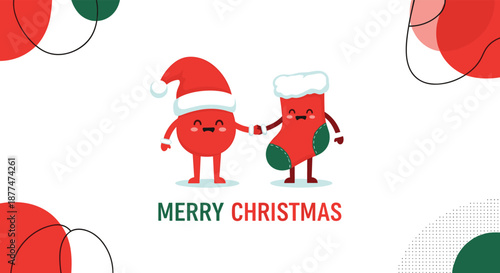 Cute cartoon Santa character and Christmas stocking holding hands, wishing Merry Christmas with abstract red and green holiday shapes on a white background.