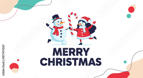 A festive illustration of a joyful snowman and a happy girl in a Santa costume holding a candy cane, celebrating the Merry Christmas holiday.