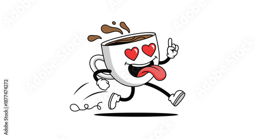 A cheerful and energetic cartoon coffee cup character, eyes replaced with red hearts and tongue playfully out, running with splashing coffee, symbolizing a deep passion for caffeine.