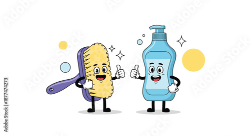 A friendly cartoon cleaning brush and a blue liquid soap dispenser mascot, both smiling and giving a thumbs-up, symbolizing hygiene and effective cleaning.