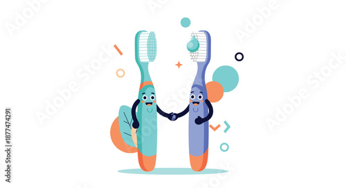A charming illustration of two friendly animated toothbrushes, one teal and one purple, happily shaking hands with toothpaste, symbolizing partnership and excellent oral hygiene.