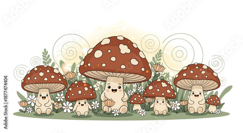 A delightful illustration of a family of happy, anthropomorphic mushrooms with big brown caps and cute faces, surrounded by white daisies and green leaves in a whimsical forest.