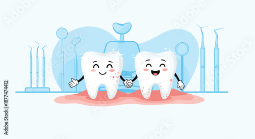 Two cheerful cartoon teeth holding hands, symbolizing dental health and care within a clean, blue-toned clinic environment featuring various instruments.