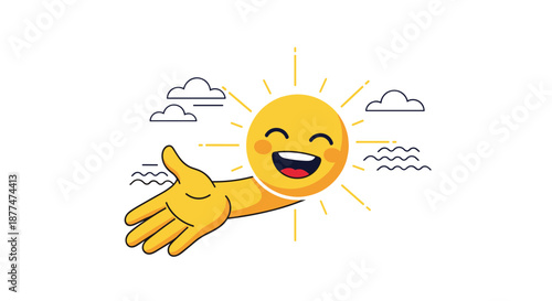 A cheerful cartoon sun with a happy face extends a yellow hand and arm, radiating warmth and positivity with surrounding clouds and wavy lines, symbolizing a bright day or helpful gesture.