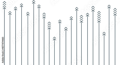 Minimalist graphic design featuring various thin vertical lines topped with multiple arrows pointing upwards in a dark grey color.