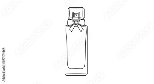 Minimalist line art illustration of a tall rectangular perfume bottle featuring a small decorative bow on its neck.