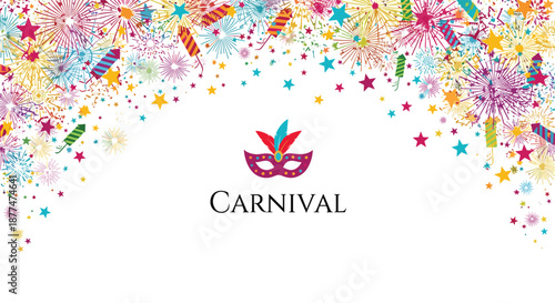 Vibrant carnival celebration border with colorful fireworks, stars, rockets, and a festive mask above the word carnival.