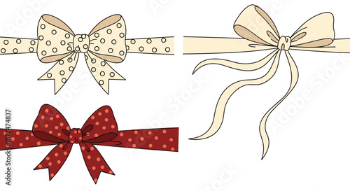 Set of three decorative bows including a polka dot cream bow, a solid cream bow, and a red polka dot bow on ribbons.