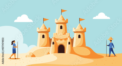 Large detailed sandcastle on a sunny beach with two people standing nearby and clouds in a clear blue sky background.