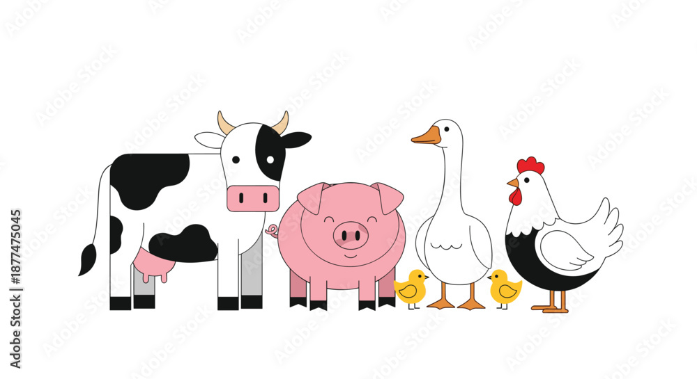 Obraz premium Lineup of friendly farm animals including a cow, pig, goose, chicken, and chicks illustrated in a cute flat style.