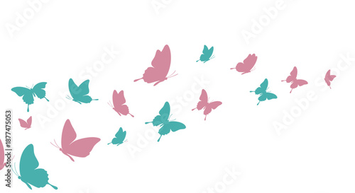 Group of pink and teal butterflies in various sizes flying in a graceful curved path across a clean white background.