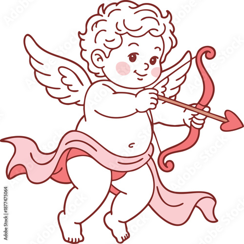 Charming Cherub Archer with Heart-Tipped Arrow and Pink Sash, Playful Pastel Cupid Character Design for Valentine's Day, vector, illustration