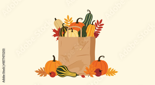 Brown paper shopping bag overflowing with various pumpkins, gourds, and autumn leaves for a thanksgiving harvest theme.