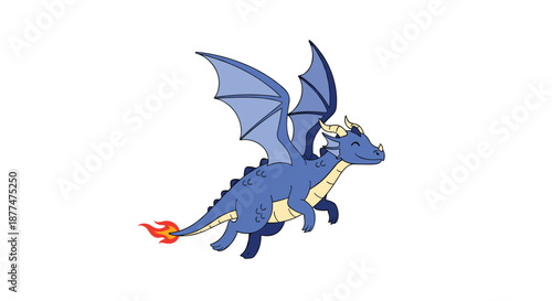 Friendly blue dragon flying through the air with a happy expression and a small flame on the tip of its long tail.