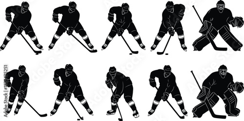 Ice hockey player silhouette set, black action poses with stick and goalie, professional sports illustration collection isolated white background