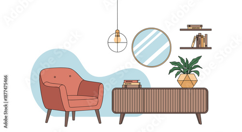 Detailed interior design of a modern living room featuring a coral pink armchair wooden console round mirror and a potted plant.