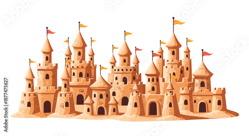 Large and detailed sandcastle structures with various towers and small flags built on a sandy beach under bright light.