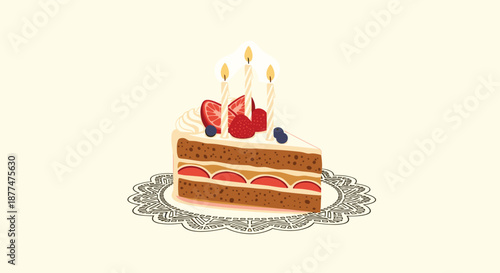 Delicious slice of chocolate layer cake topped with whipped cream strawberries blueberries and three burning candles.