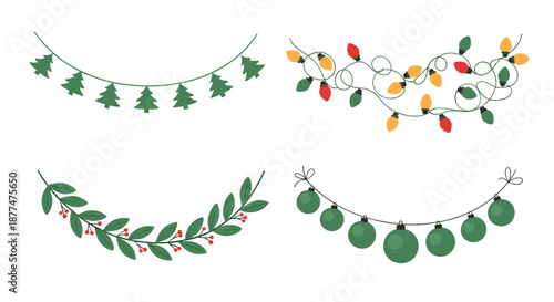 Collection of four festive Christmas garlands including evergreen trees colorful light bulbs leafy vines and green ornaments.