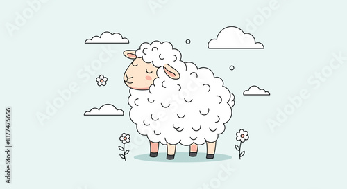 Adorable and fluffy white sheep standing in a peaceful meadow with small clouds and flowers on a light blue background.