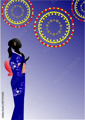 女性、着物、花火