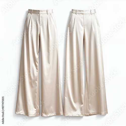 Elegant flowing trousers in muted tones showcased against a pristine white backdrop