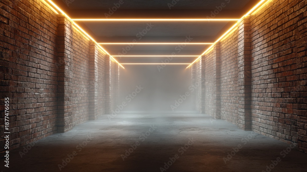Fototapeta premium Illuminated Tunnel Perspective with Brick Walls and Ethereal Mist, Evoking Mystery and Modern Architecture