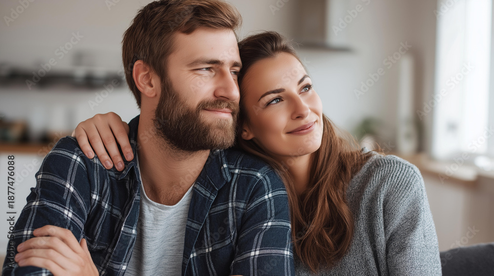 Fototapeta premium Asian couple sitting together at home, faceless lifestyle portrait, calm modern interior, with copy space