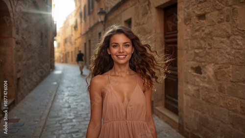 A young woman strolling along a narrow cobblestone street in an old European town, her long hair gently flowing in the breeze. Warm afternoon light, historic buildings, romantic travel atmosphere.