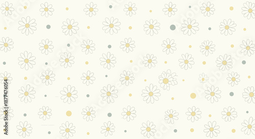 Delicate seamless pattern of small white daisies and muted green dots on a light ivory background for a soft aesthetic.