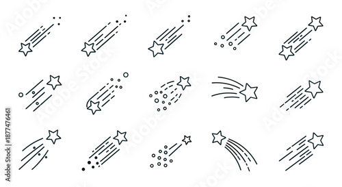 Set of various hand-drawn shooting stars and comets featuring different tail styles and dynamic motion line effects.