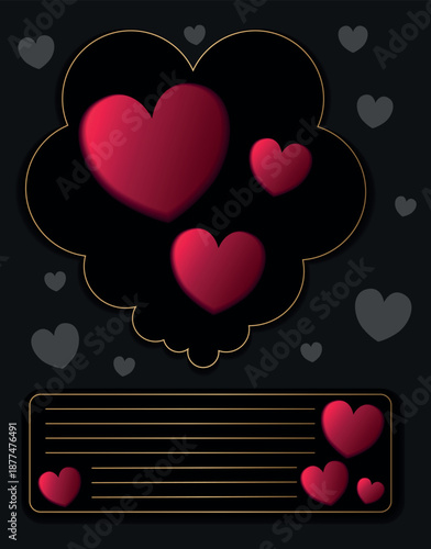 Luxury black Valentine card with gold frame and red hearts for romantic message